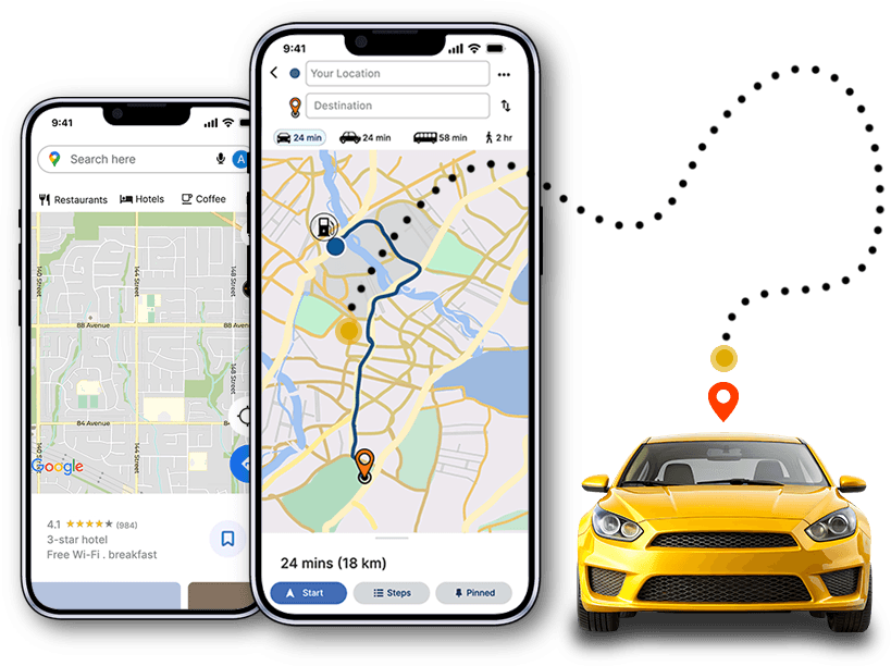 Private hire vehicle in Boston UK mobile icon with yellow car